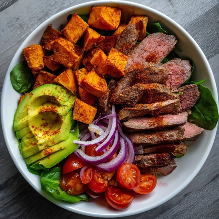 Imagine a flavorful Beef Avocado Sweet Potato Bowl: savory beef, sweet potatoes, and fresh avocado in each bite.