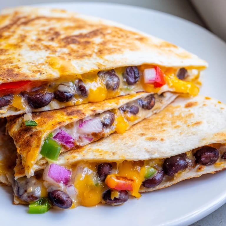 A delicious, warm Black Bean Quesadilla boasting melted cheese and a savory filling, waiting to be sliced.