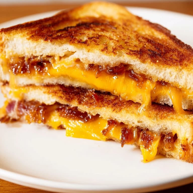 A close-up of a Bacon Jam Grilled Cheese, showing the delightful textures and a sweet and savory aroma.