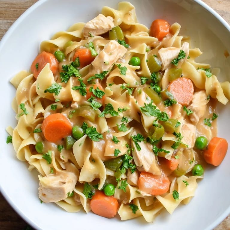 A comforting spoonful of creamy Chicken and Egg Noodles; a hearty, home-cooked meal.