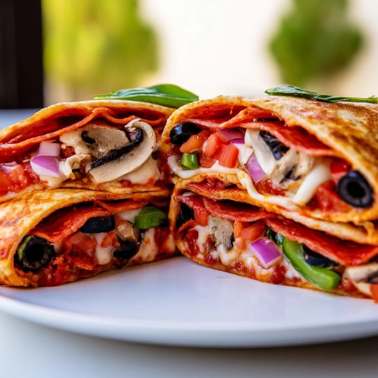A perfectly folded tortilla pizza wrap, with vibrant toppings spilling from cheese.