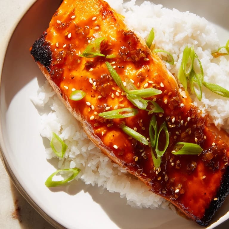 Vibrant image of Sticky Orange Salmon with Rice: glistening salmon atop fluffy rice, garnished with green scallions.
