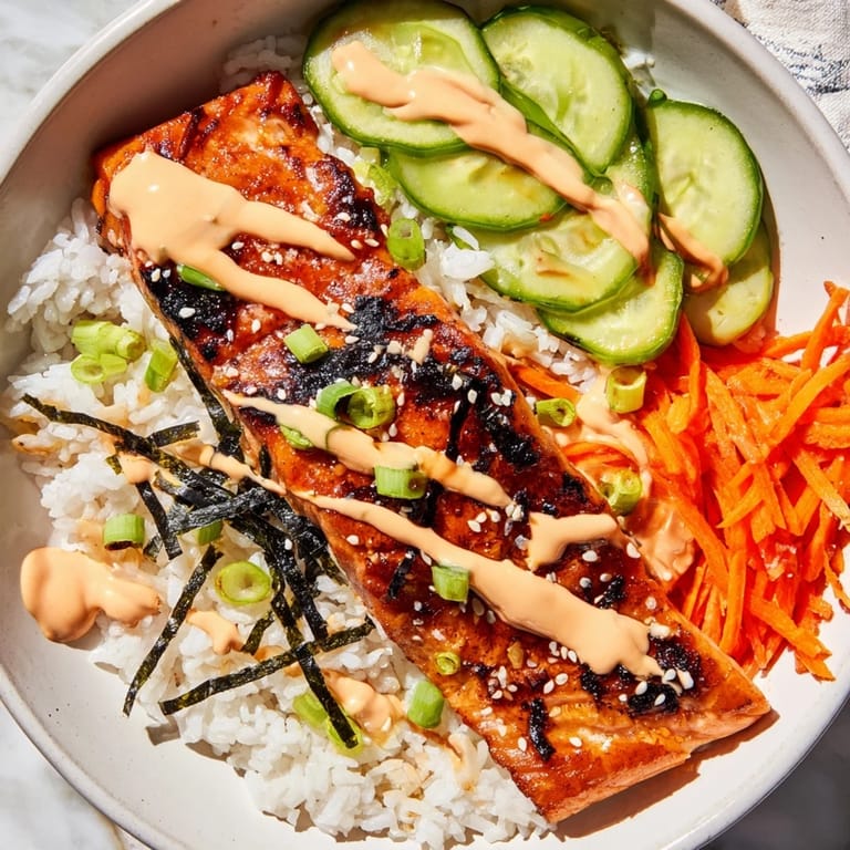 Fluffy white rice topped with flaky teriyaki salmon, fresh veggies, and creamy sriracha mayo.