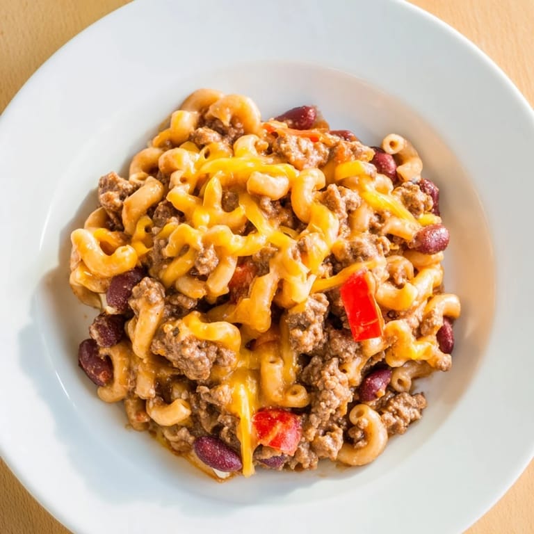 Creamy, cheesy One-Pot Chili Mac with tender elbow macaroni, ready to be served and enjoyed.