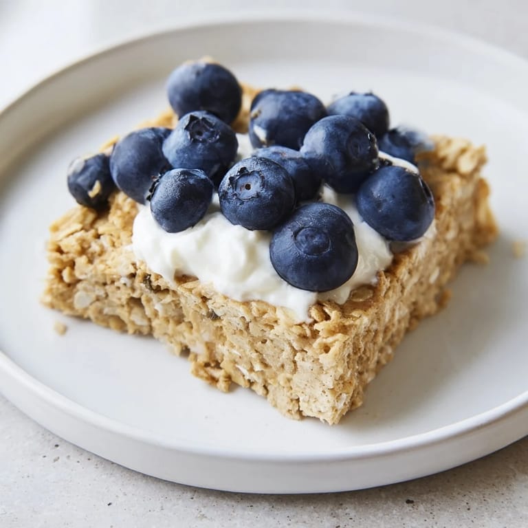 A close-up of warm, sliced Protein Pancake Oats, ready to be topped with fresh fruit and syrup.