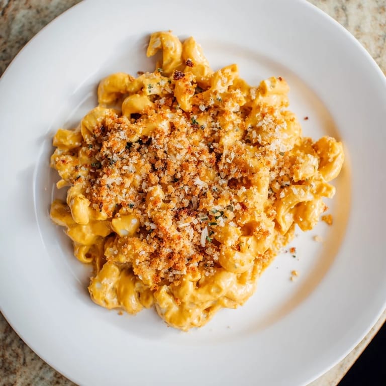 Warm bowl of pumpkin mac & cheese, topped with crispy breadcrumbs, a beautiful vegetarian main course.