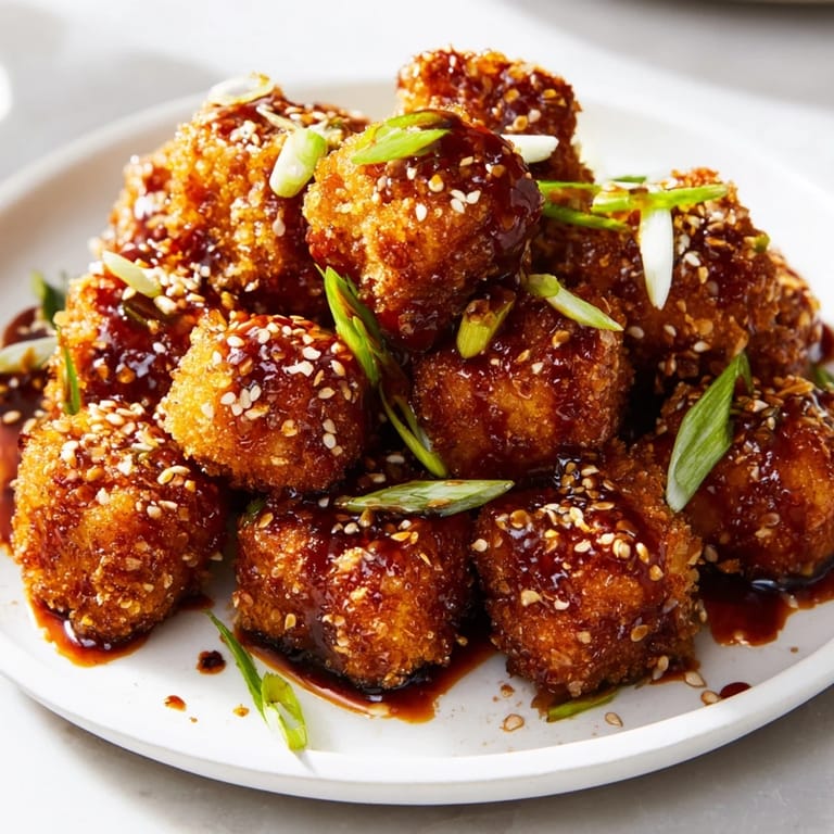 A close-up shot of delicious Honey Sriracha Tofu Nuggets, ready for serving with sesame seeds.