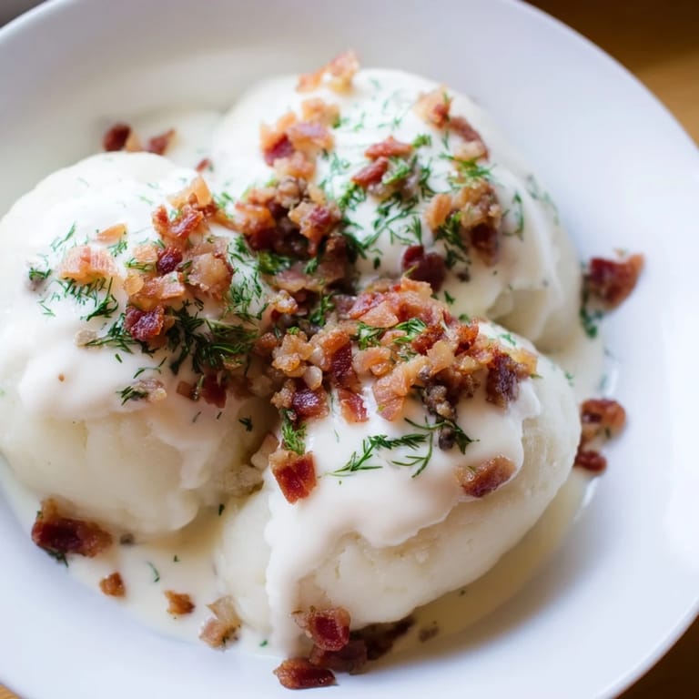 A close-up of a plate with fluffy Lithuanian Cepelinai, topped with crispy bacon and sour cream.