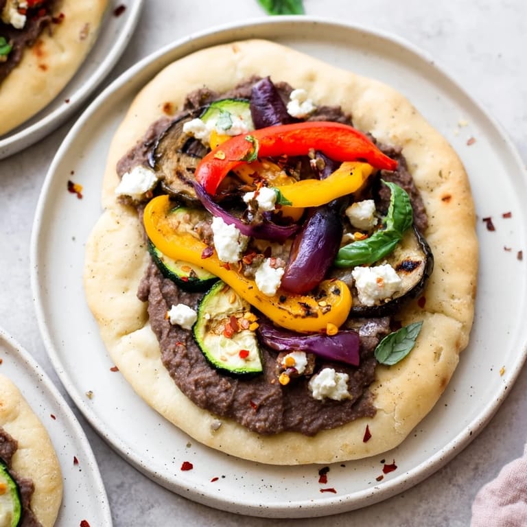 Warm naan bread pizza, topped with olive tapenade, feta, and perfectly roasted vegetables.