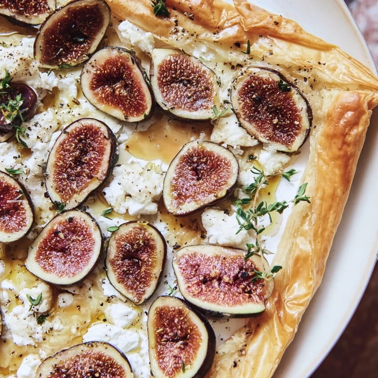 A close-up of a warm, crispy puff pastry truffle pizza garnished with fresh thyme, inviting you to enjoy each bite.