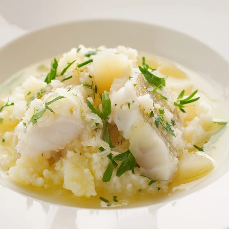 A steaming bowl of Icelandic Fish Stew, showcasing flaky white fish and fresh green herbs.