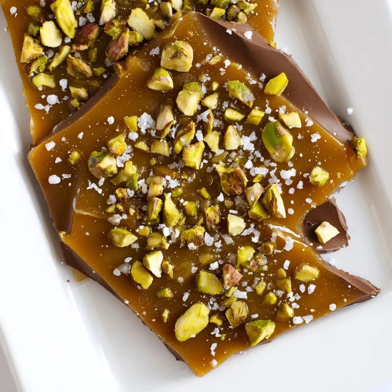 Enjoy the sweet and salty Pistachio Salted Caramel Bark, with visible flaky sea salt crystals and vibrant green pistachios.