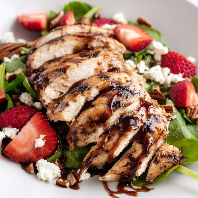 Sliced grilled chicken over mixed greens with strawberries, red onion, and goat cheese, glazed with honey balsamic.
