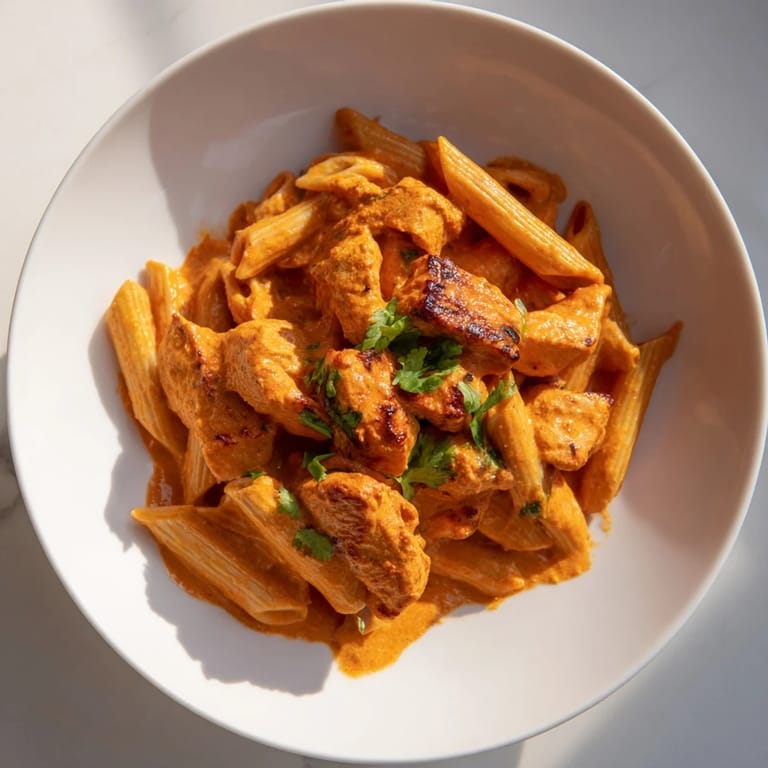 Golden, charred chicken tikka and al dente penne pasta tossed in a rich, spiced tomato-cream sauce, ready to serve.