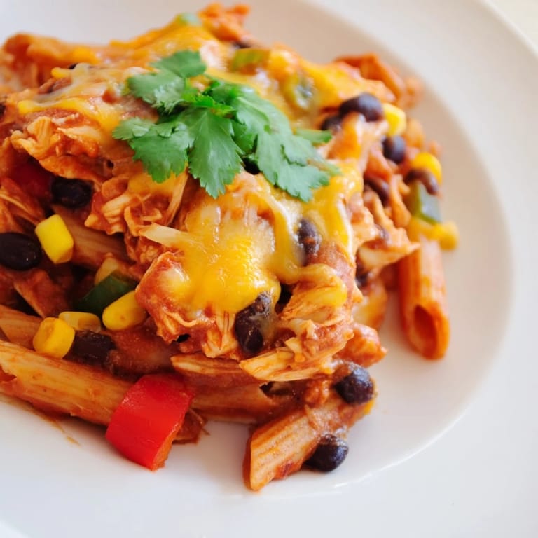 A hearty skillet of Chicken Enchilada Pasta with black beans and bell peppers, ready to serve.