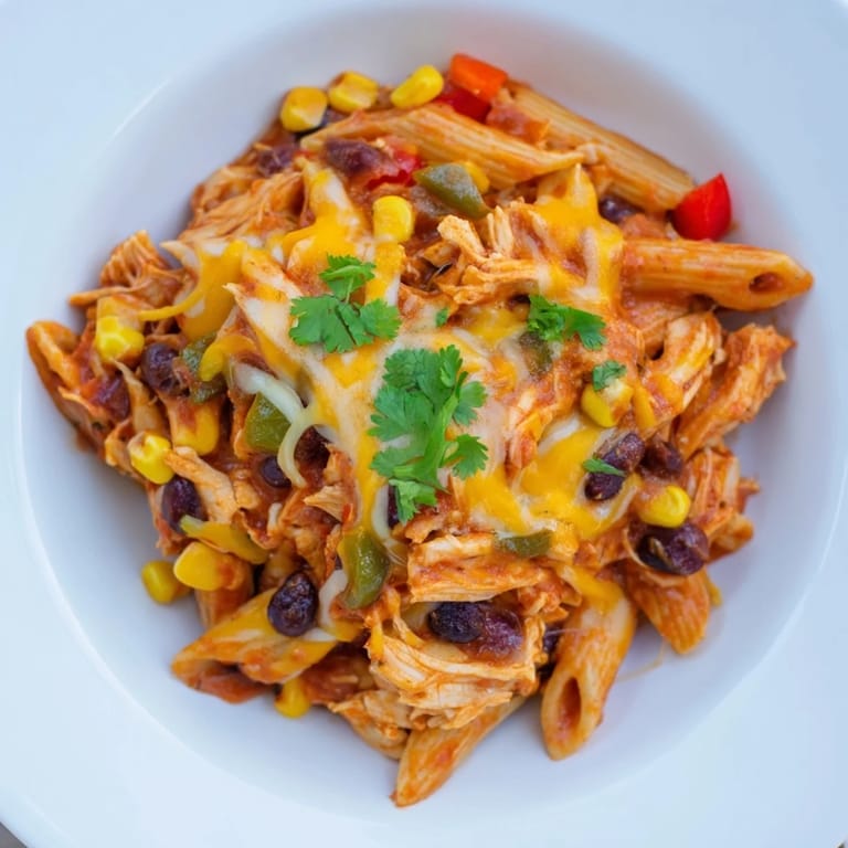Cheesy, saucy Chicken Enchilada Pasta garnished with green onions, perfect for a cozy family dinner.