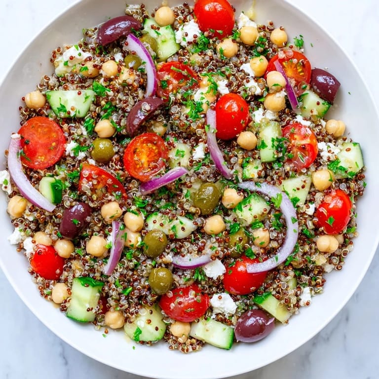 Hearty Greek Power Salad featuring protein-packed lentils, quinoa, chickpeas, and crisp veggies topped with feta.