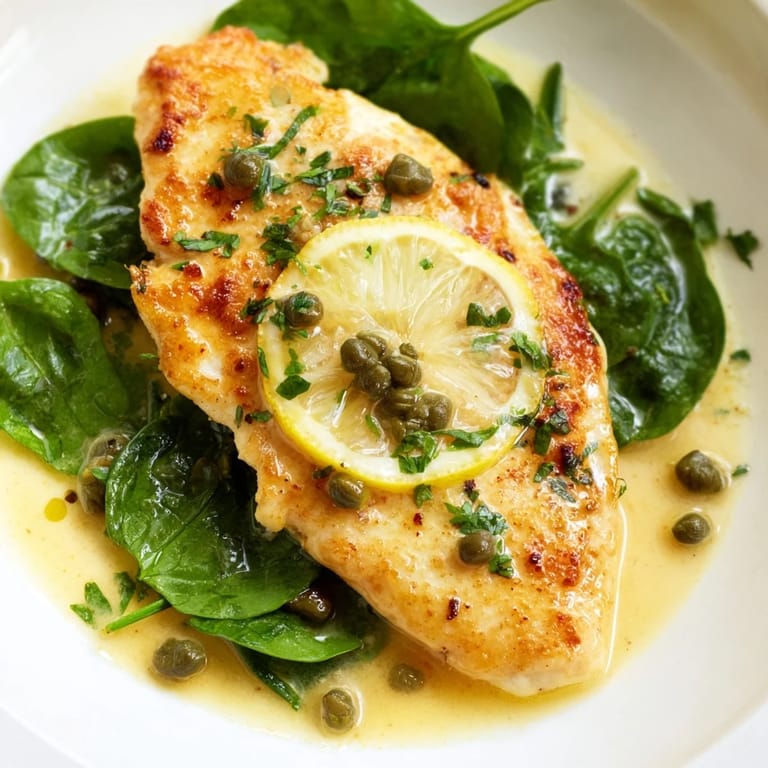 Slice of juicy Spinach Lemon Butter Chicken topped with a bright lemon-butter sauce and fresh parsley served alongside spinach on a white plate for easy dining.