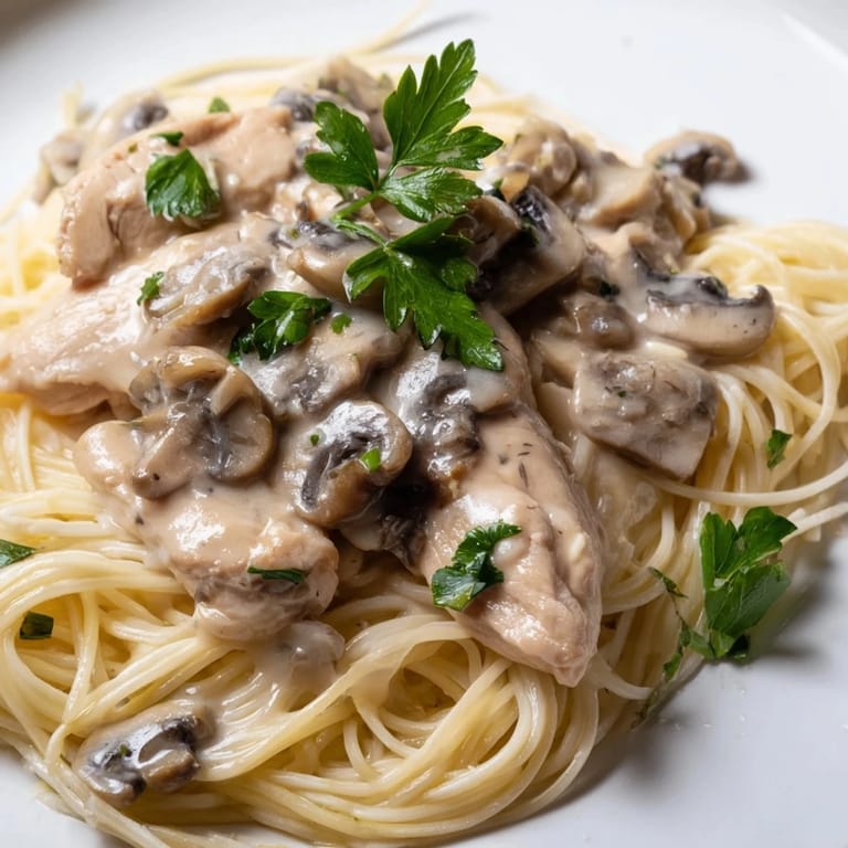 A close-up of Creamy Mushroom Chicken Spaghettini reveals sautéed cremini mushrooms and spinach mingling with silky whole wheat spaghettini on a rustic plate.  