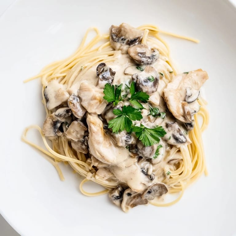 Golden chicken breast slices and skinny spaghettini tossed in a savory Parmesan-mushroom sauce, served warm with fresh herbs and extra grated cheese.