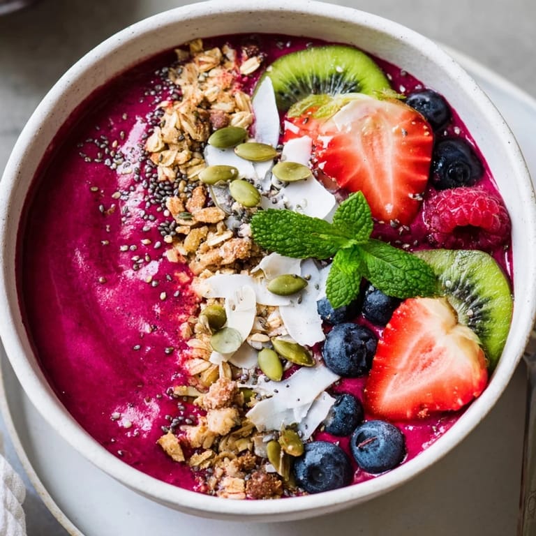 Close-up of Beet and Berry Smoothie Bowl garnished with fresh fruit and crunchy granola, ready for a healthy breakfast.