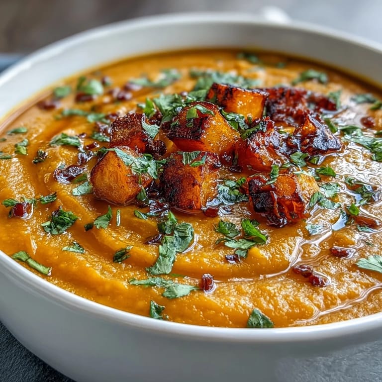 Warm Butternut Squash and Lentil Soup served with crusty bread and fresh parsley garnish.