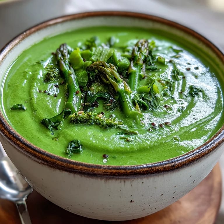 Smooth, hot Big Green Immunity-Boosting Vegetable Soup served with crusty whole grain bread for dipping.