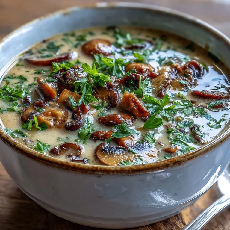 A rich bowl of Creamy Mushroom Stroganoff Soup served alongside crusty artisan bread for a cozy vegetarian dinner.