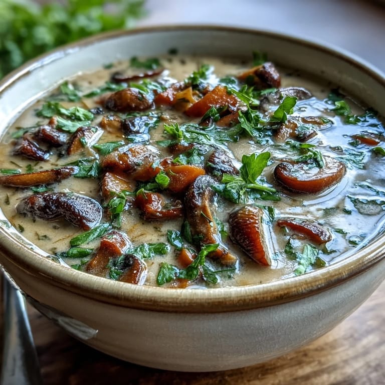Close-up of Creamy Mushroom Stroganoff Soup featuring tender golden mushrooms and a swirl of savory miso broth.