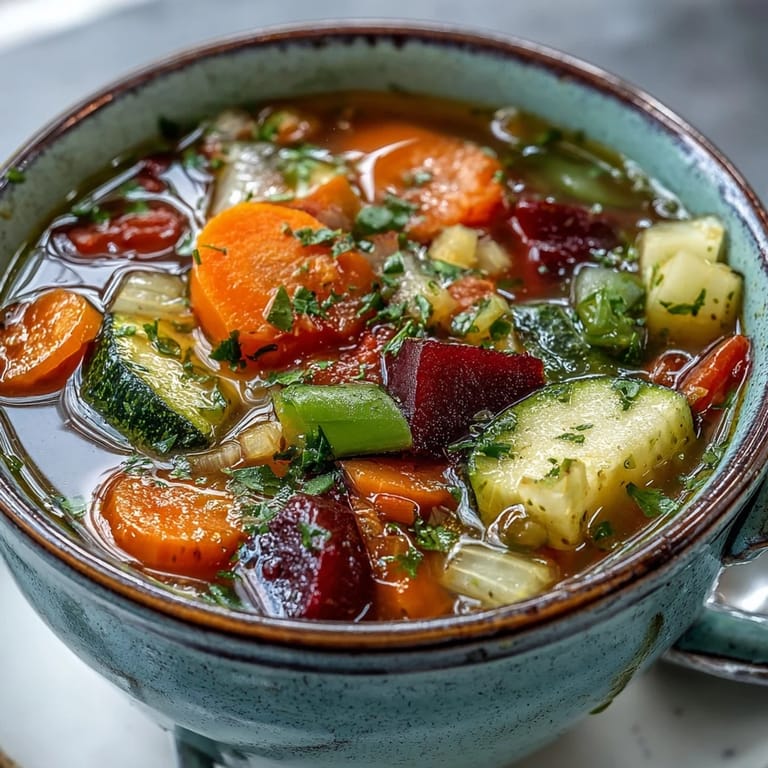 Hearty Rainbow Vegetable Detox Soup simmering in a pot, showcasing vibrant diced vegetables in a rich tomato and herb broth.
