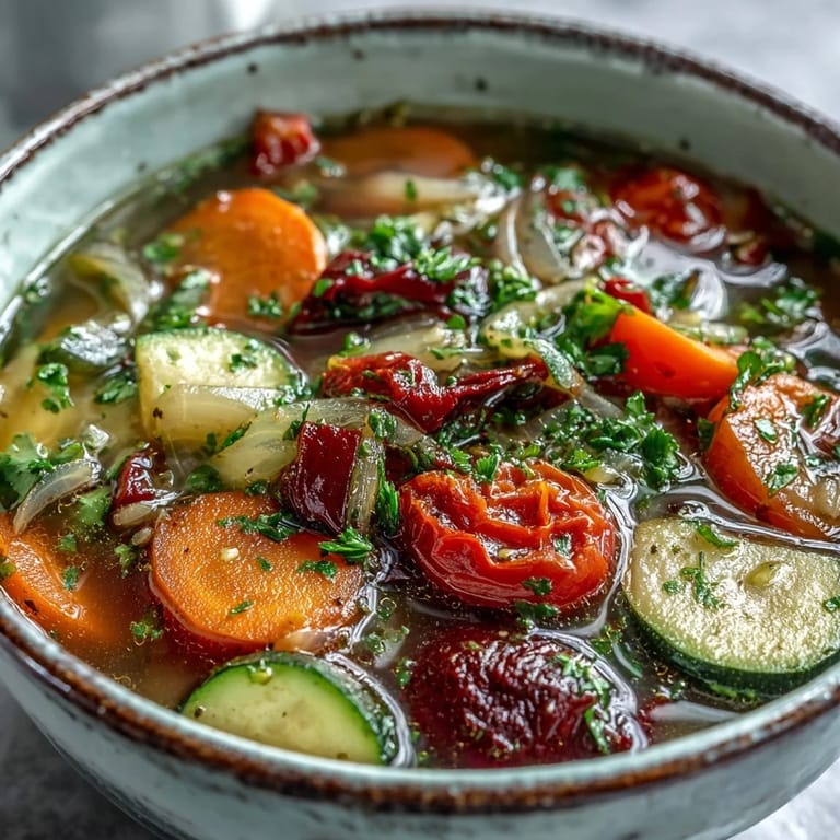 Healthy vegan Rainbow Vegetable Detox Soup in a rustic bowl, topped with parsley and served alongside crusty artisan bread.