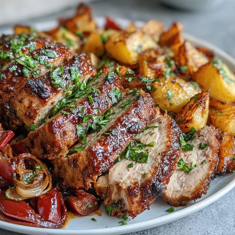 Tender pork pieces glazed with honey and spices alongside vibrant, roasted rhubarb in a savory traybake.