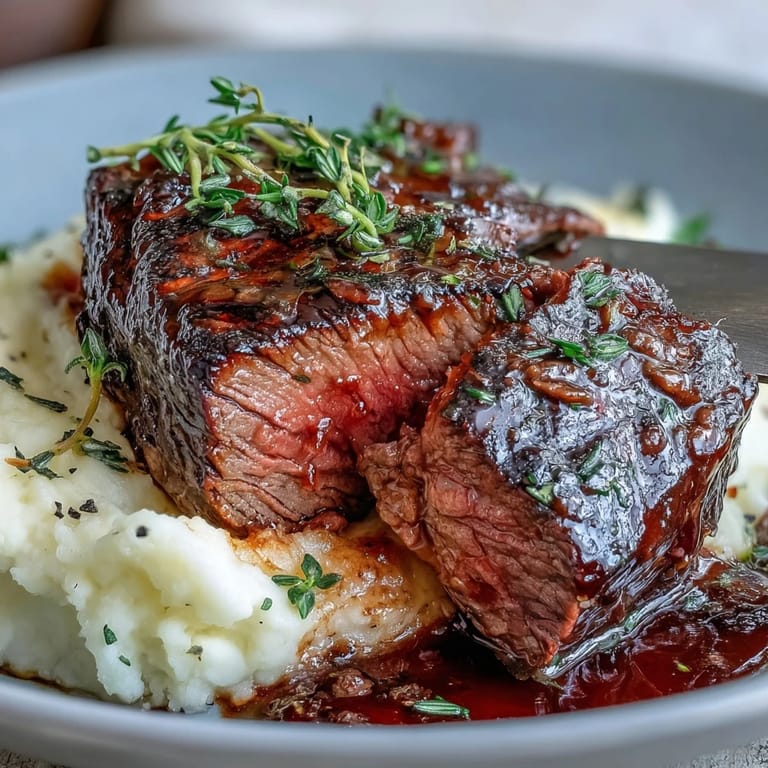 A rustic plate of Venison Steaks with Caraway Crushed Swede, garnished with fresh thyme and a rich red wine drizzle.