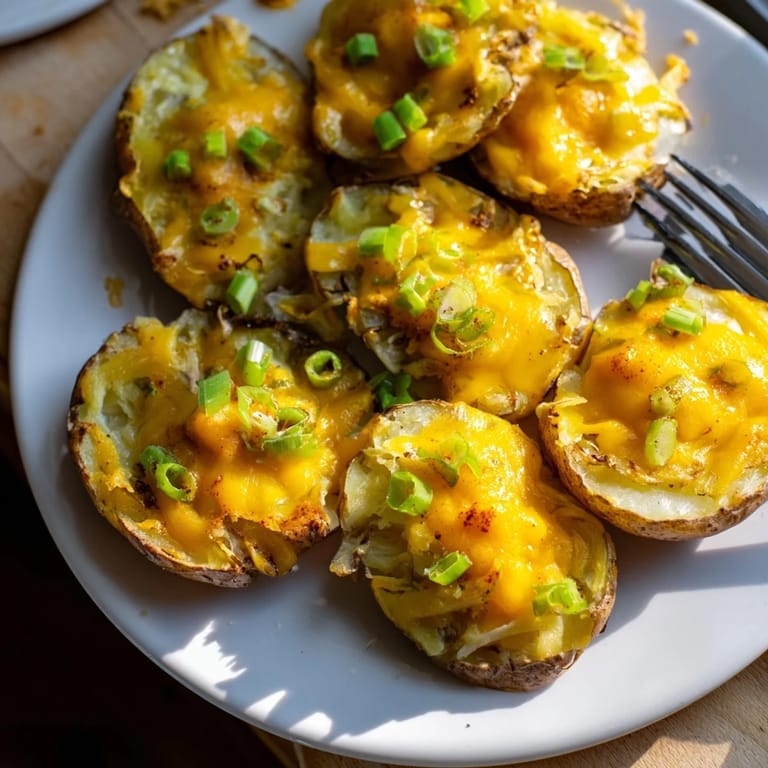 Golden brown smashed green onion potato bombs, garnished with fresh parsley and cheese.  