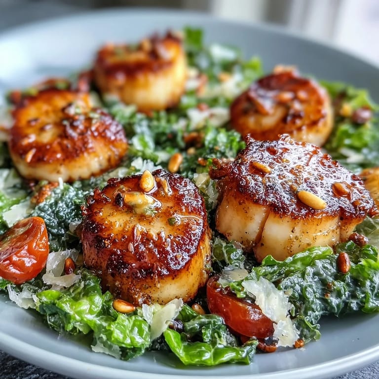 A spoon drizzles bright green pesto vinaigrette over plump seared scallops on an escarole salad.