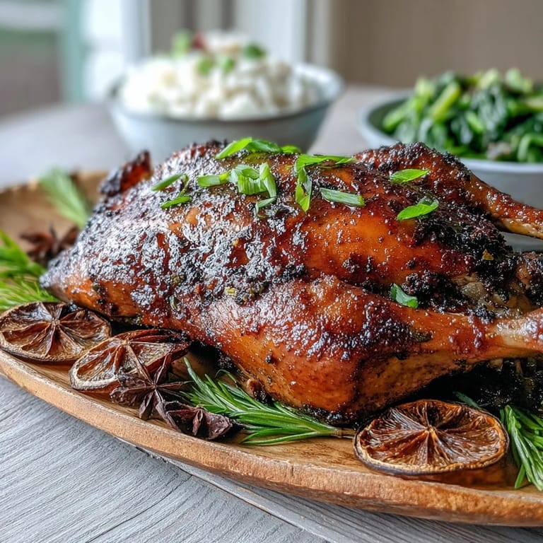 A perfectly carved portion of Five-Spice Roast Ducks reveals tender meat and crispy golden-brown skin beside fluffy jasmine rice.