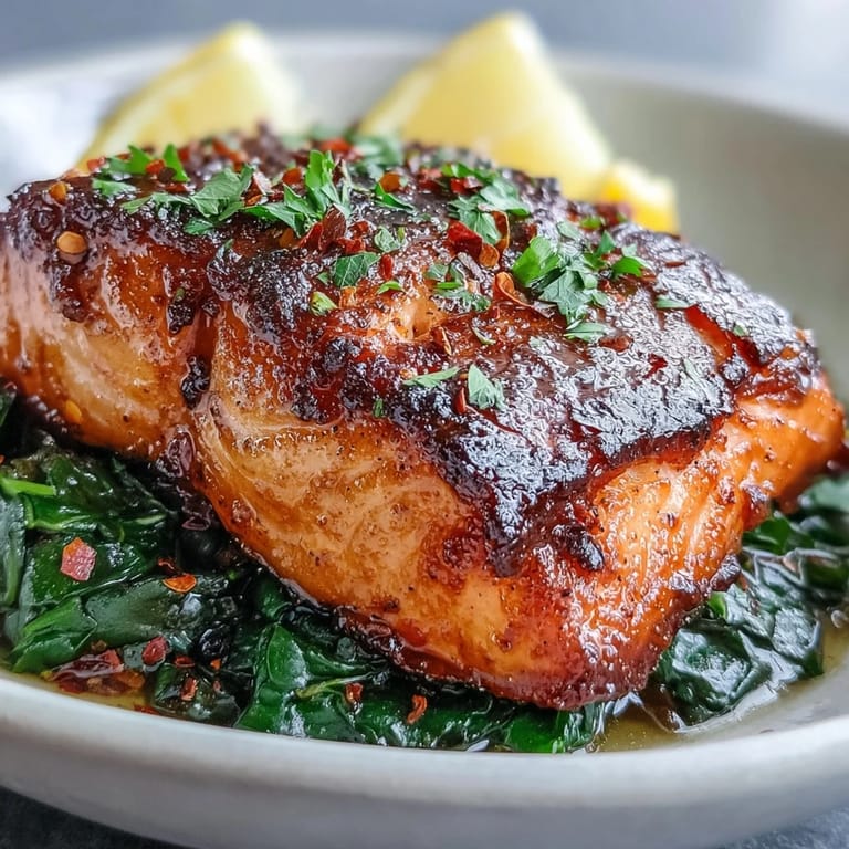 A close-up of juicy Air Fryer Salmon and Swiss Chard, highlighting the crackling skin and vibrant greens for a healthy meal.