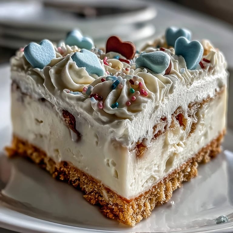 Candy Hearts Fake Cake slice reveals silky cheesecake filling on buttery crust with crunchy conversation hearts.