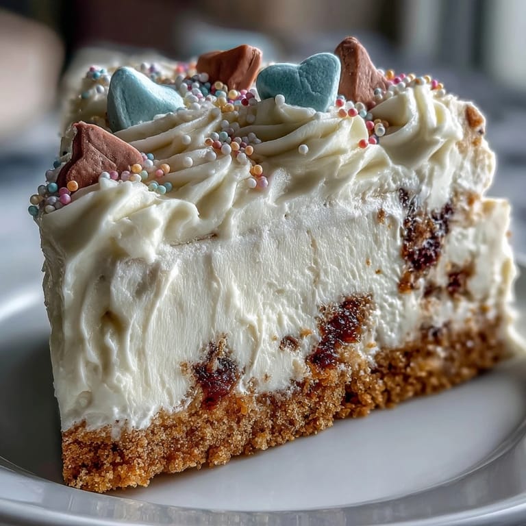 Served chilled, this Candy Hearts Fake Cake is decorated with pink whipped frosting and rainbow sprinkles.