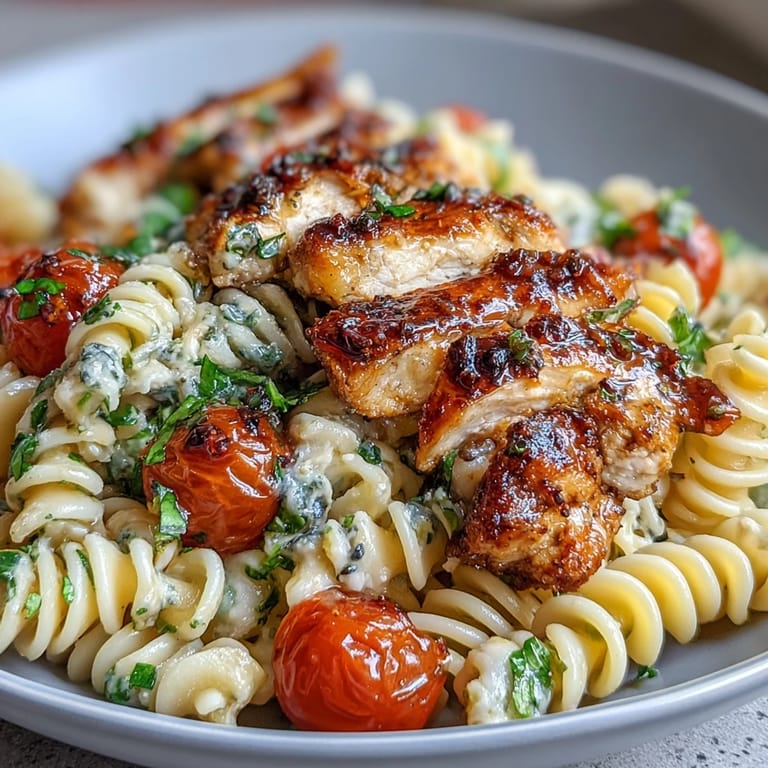 A vibrant Italian-American dinner featuring Bruschetta Chicken Pasta with tender chicken, al dente pasta, and a tomato-basil sauce.