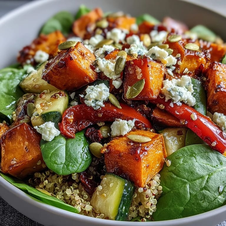 Close-up of a Warm Salad Bowl showing roasted vegetables and grains glistening with dressing.