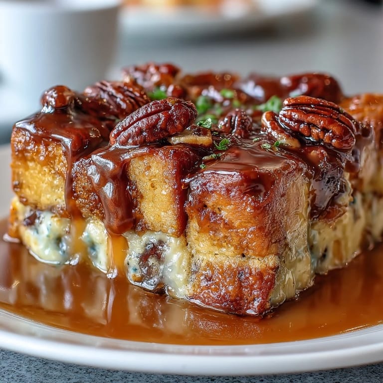 Warm Guava Caramel Bread Pudding With Pecans served in a slice, revealing creamy custard and vibrant guava swirls.