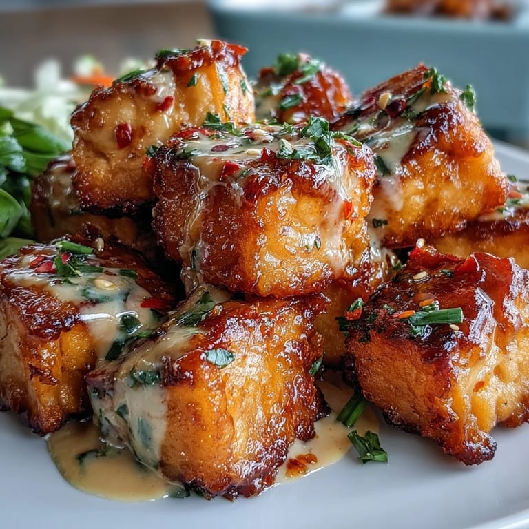 Freshly cooked Bang Bang Salmon Bites tossed in sweet and spicy sauce, topped with green onions and sesame seeds.