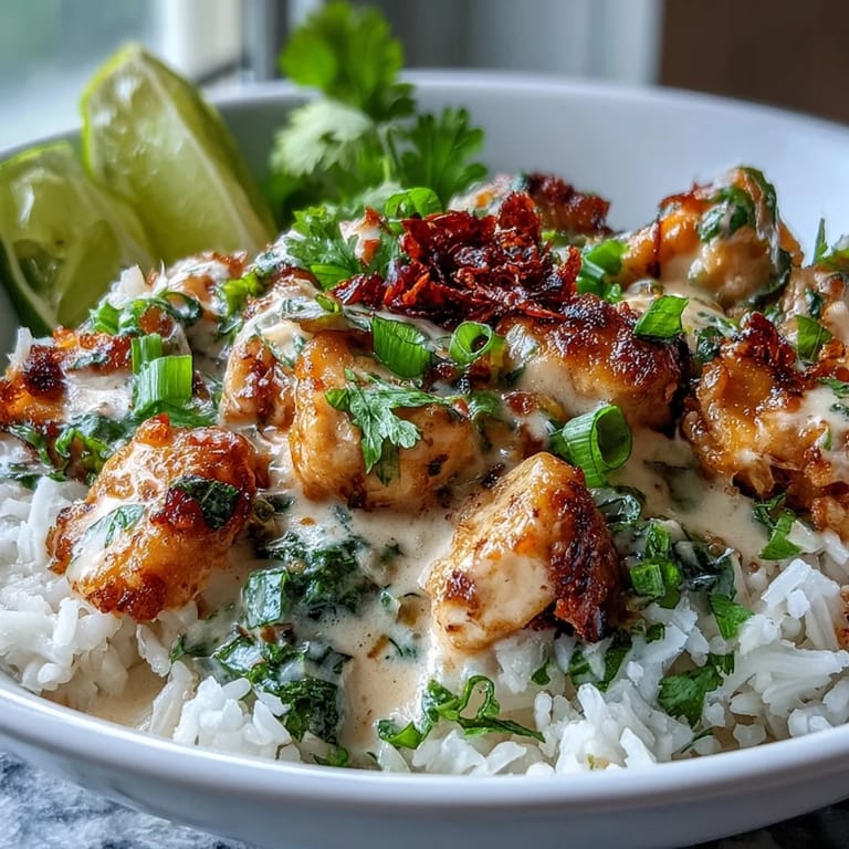 Tender diced chicken coated in rich coconut milk sauce spooned over steaming jasmine rice in a white bowl.