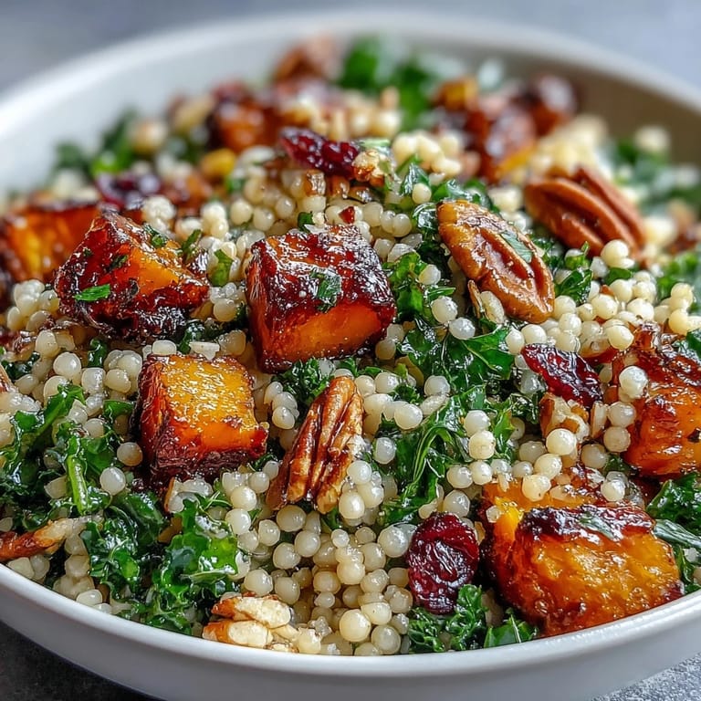 A drizzle of tangy honey-citrus dressing coats the tender pearl couscous in this autumn harvest bowl.