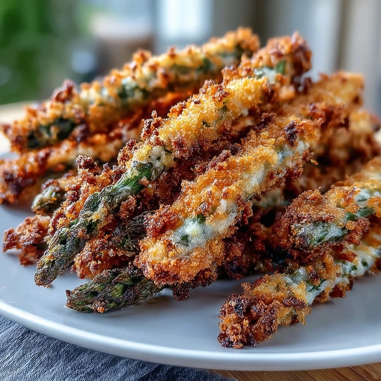 Perfectly baked Crispy Chili-Garlic Asparagus Fries garnished with fresh herbs on a rustic wooden plate.
