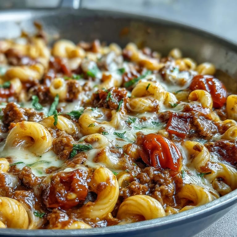 One-Pan Cheeseburger Chili Mac with ground beef, elbow pasta, and melted cheddar cheese in a skillet.