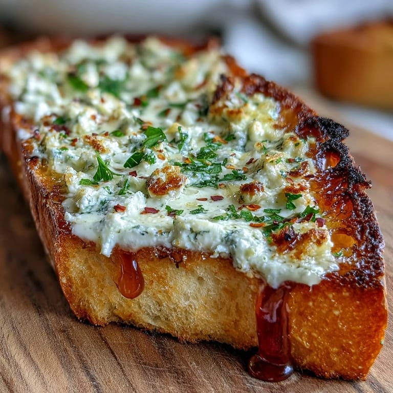 Freshly baked Hot Honey Ricotta Garlic Bread with garlic butter, ricotta, and drizzled hot honey on a rustic plate.