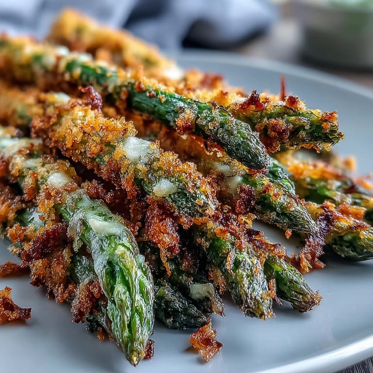 Oven-baked Crispy Chili-Garlic Asparagus Fries on a baking sheet, garnished with fresh herbs and spicy chili flakes.