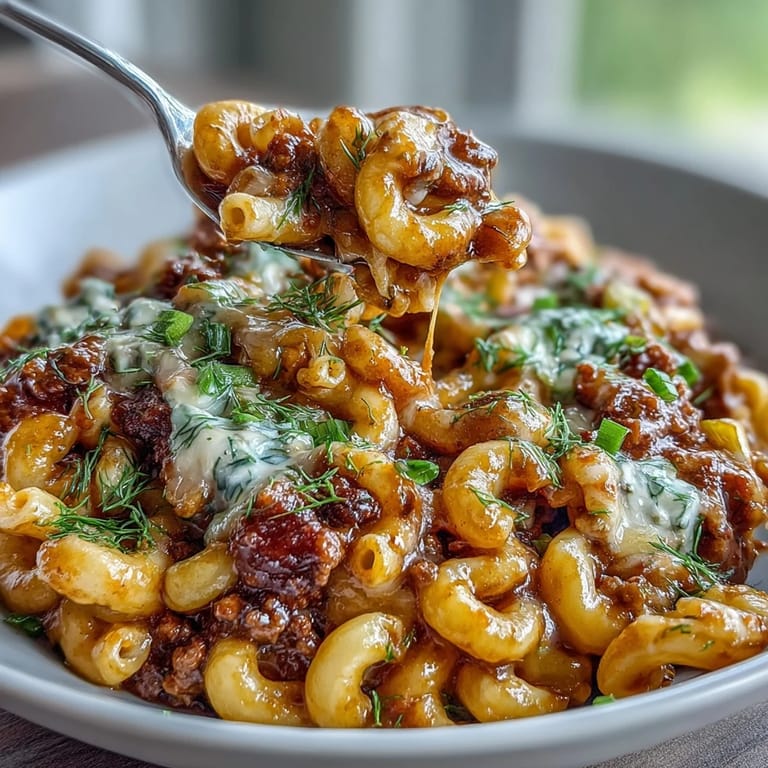 A hearty skillet of One-Pan Cheeseburger Chili Mac with ground beef, pasta, and onions.